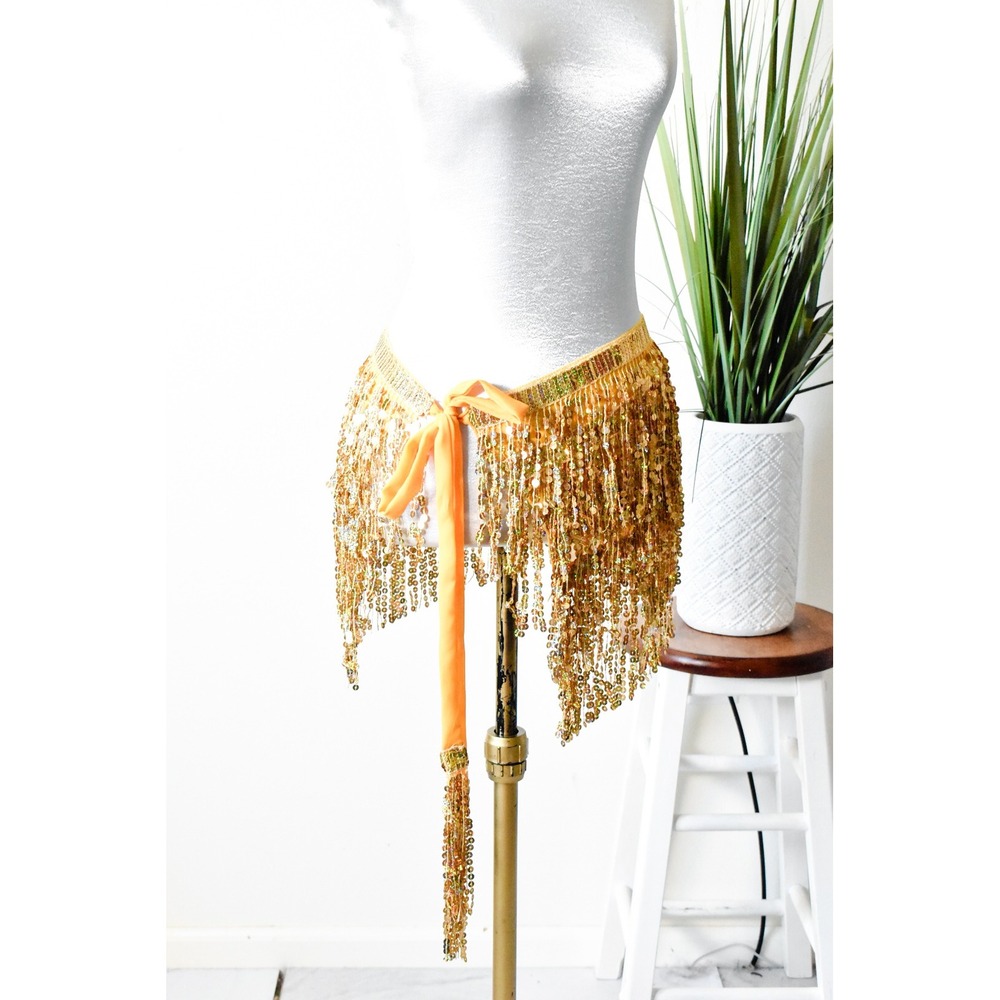 Sequin Hip Scarf Women One Size Gold Yellow Vintage Dance Wrap Skirt - Picture 2 of 10